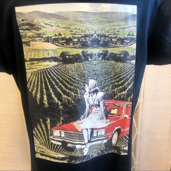 Graphic Tee Black Original Artist Design Collage Print Scenic Retro Handmade - Picture 3 of 11